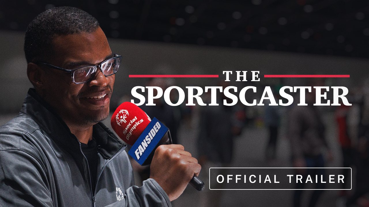 The Sportscaster title card: Malcom Harris-Gowdie holding a Special Olympics and FanSided microphone